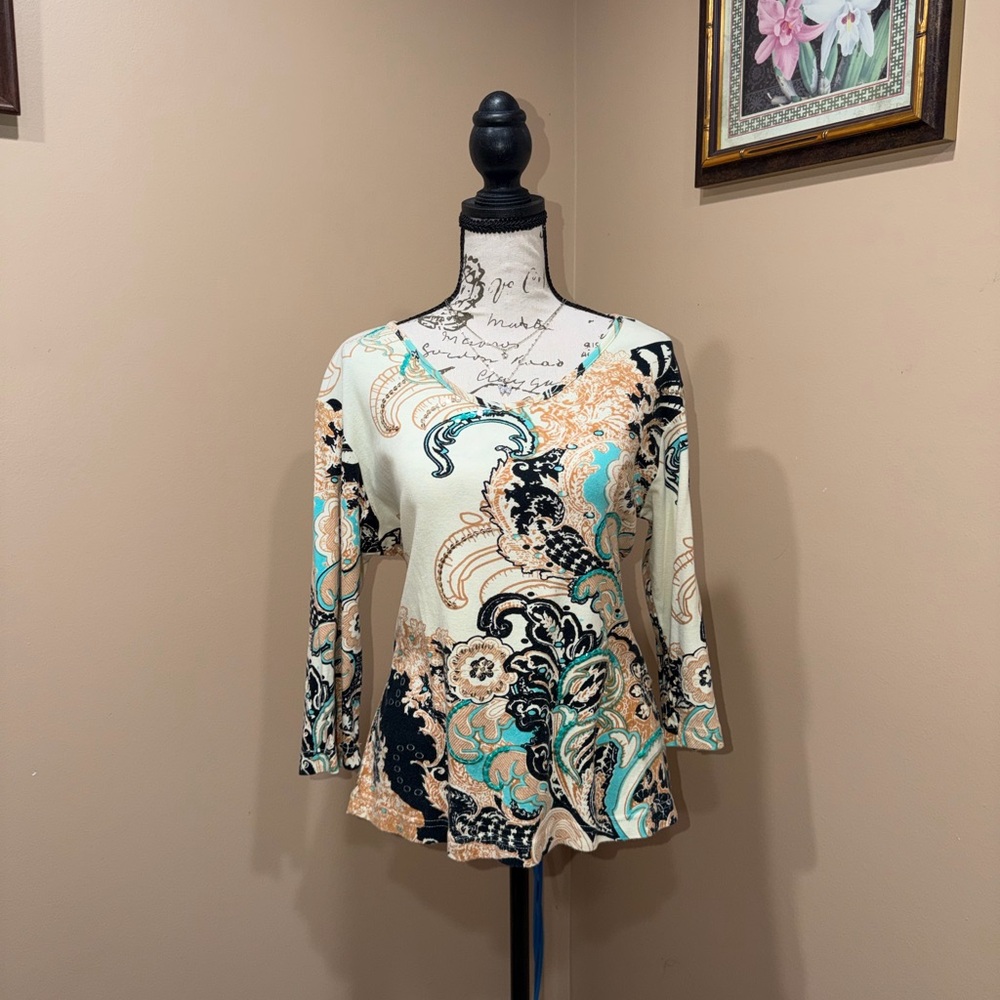 Life Style Paisley Print 3/4 Sleeve Top Size Large Boho Cotton Blouse